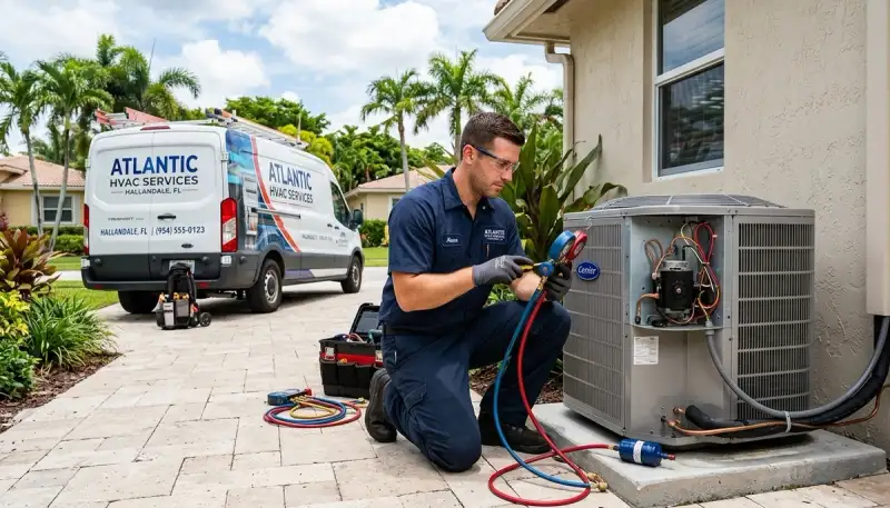 Professional AC repair technician servicing air conditioner unit in Miami FL home