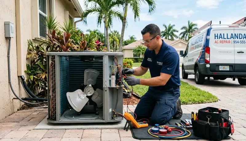 AC technician repairing residential air conditioner unit in Miami FL for acmiamifl.com