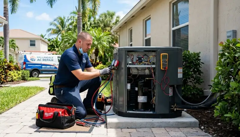 HVAC technician performing AC repair service in Miami FL for residential cooling system
