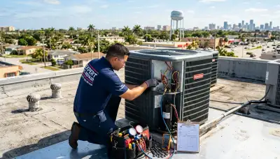 Professional AC repair technician servicing air conditioner unit in Miami FL home