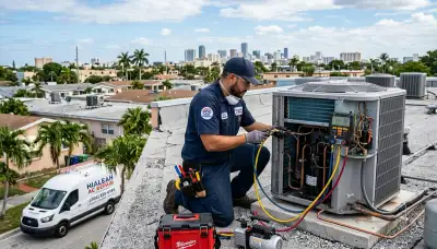 Professional AC repair technician servicing air conditioner unit in Miami FL