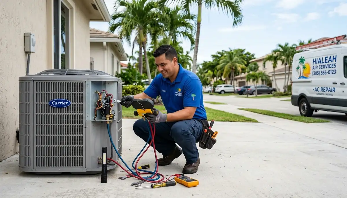 Professional AC repair technician servicing air conditioner unit in Miami FL
