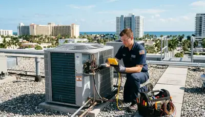 Technician performing residential AC repair service in Miami FL for ACMiamiFL.com