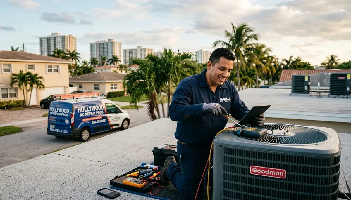 Professional AC repair technician servicing air conditioner unit in Miami FL