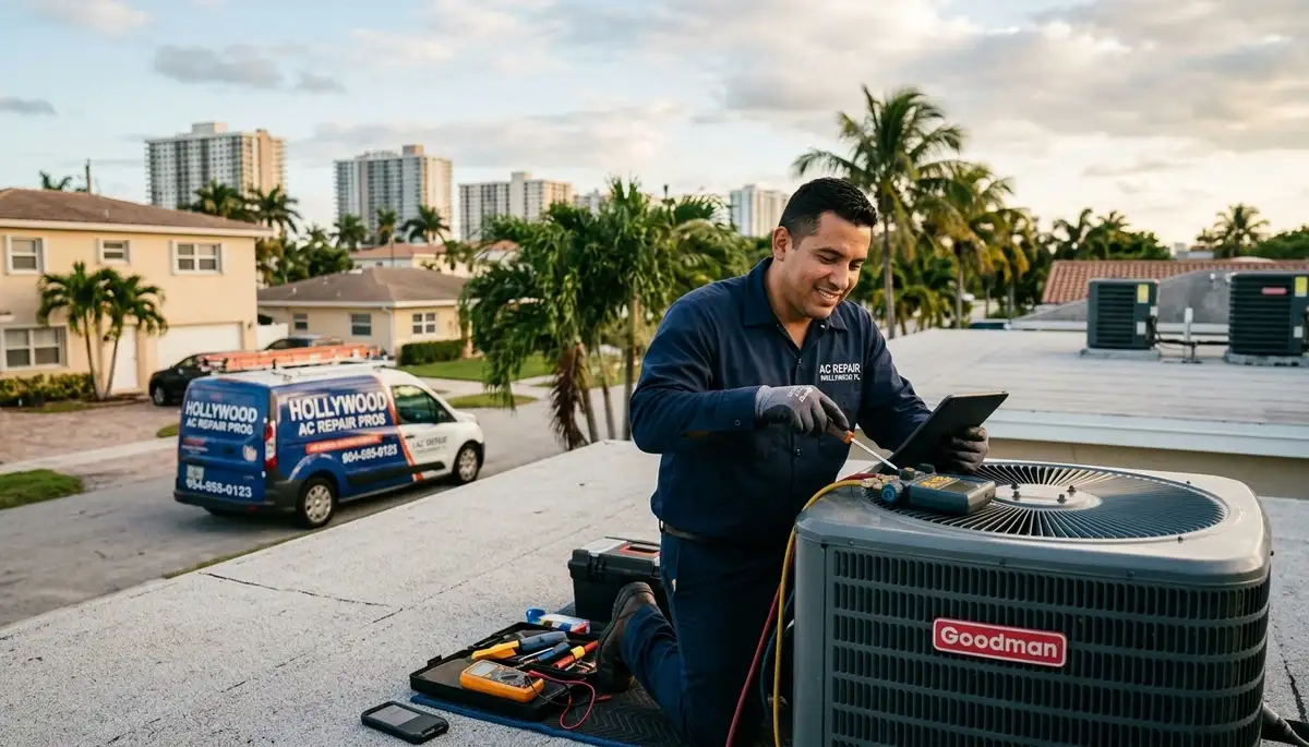 Professional AC repair technician servicing air conditioner unit in Miami FL