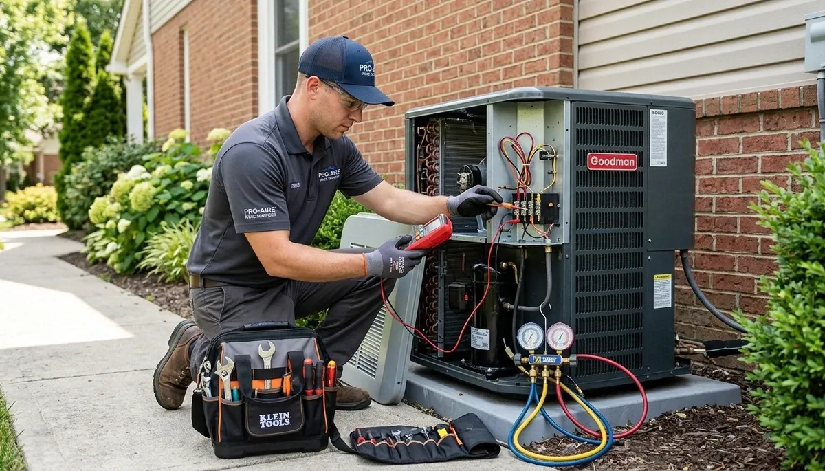 Technician fixing residential air conditioner unit in Miami, FL for Five Star Cooling repair service