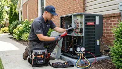 Technician fixing residential air conditioner unit in Miami, FL for Five Star Cooling repair service