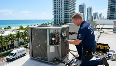 Professional AC repair technician servicing home air conditioner in Miami FL