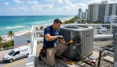 Professional AC repair technician servicing air conditioner unit in Miami FL home