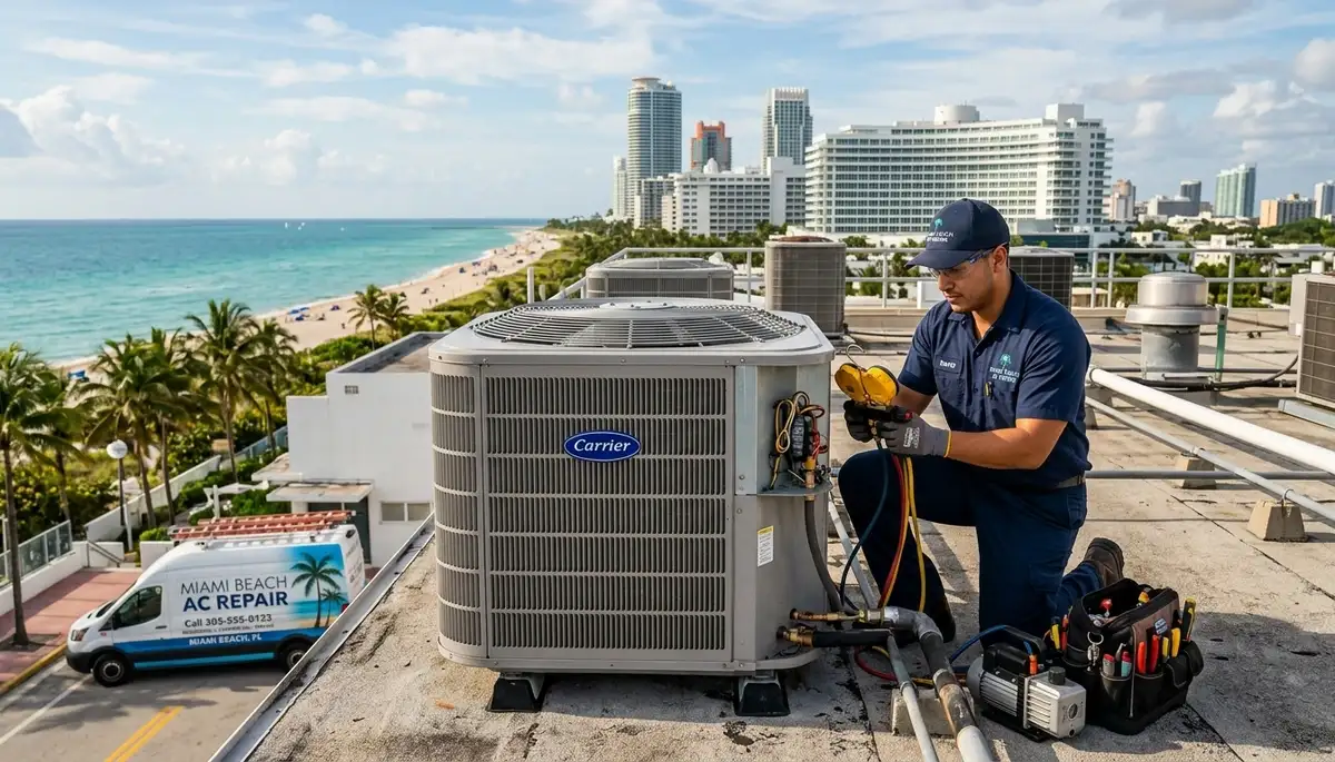 Professional AC repair technician servicing air conditioner unit in Miami FL home