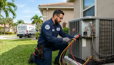 Professional AC repair technician servicing air conditioner unit in Miami FL
