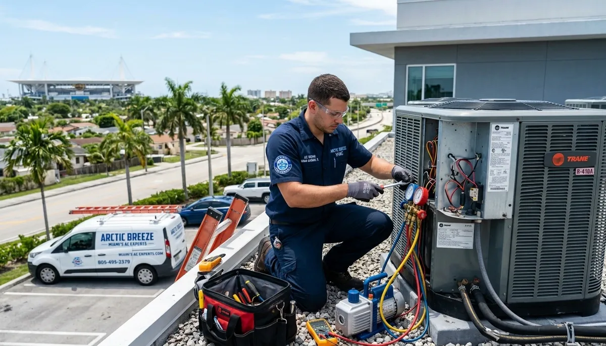 HVAC technician performing residential AC repair service in Miami FL for acmiamifl.com