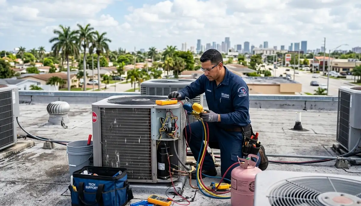 HVAC technician performing air conditioning repair service in Miami FL home