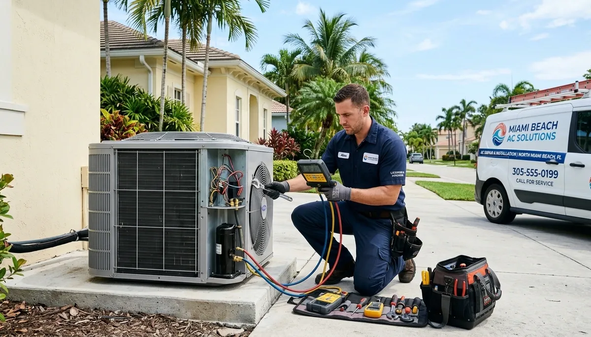Professional AC repair technician servicing air conditioner unit in Miami FL home