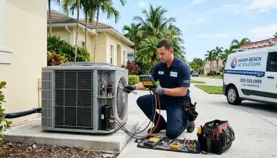 Professional AC repair technician servicing air conditioner unit in Miami FL home
