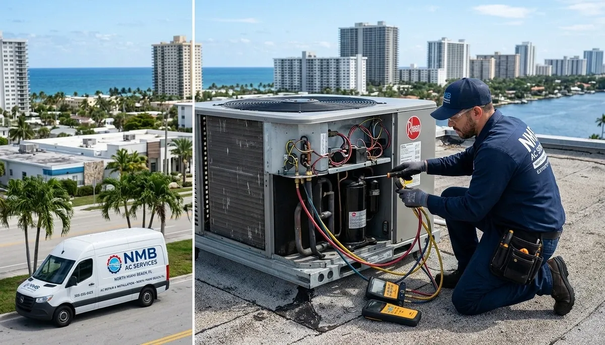 Professional AC repair technician servicing air conditioner unit in Miami FL