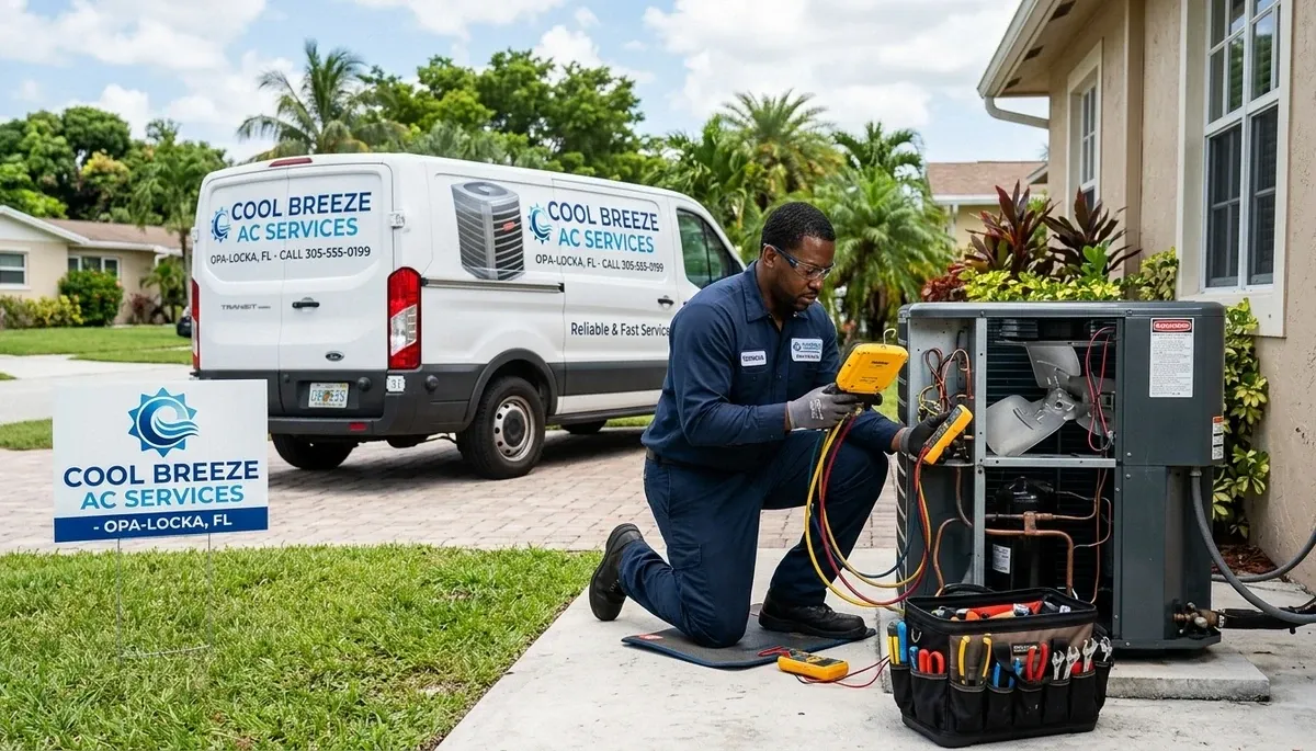 Professional AC repair technician servicing air conditioner unit in Miami FL home