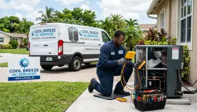 Professional AC repair technician servicing air conditioner unit in Miami FL home