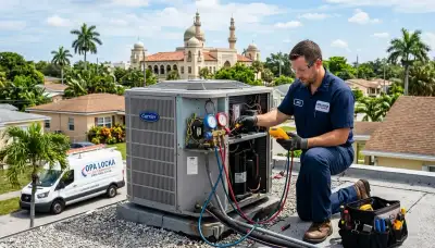 AC technician performing air conditioner repair service in Miami FL home