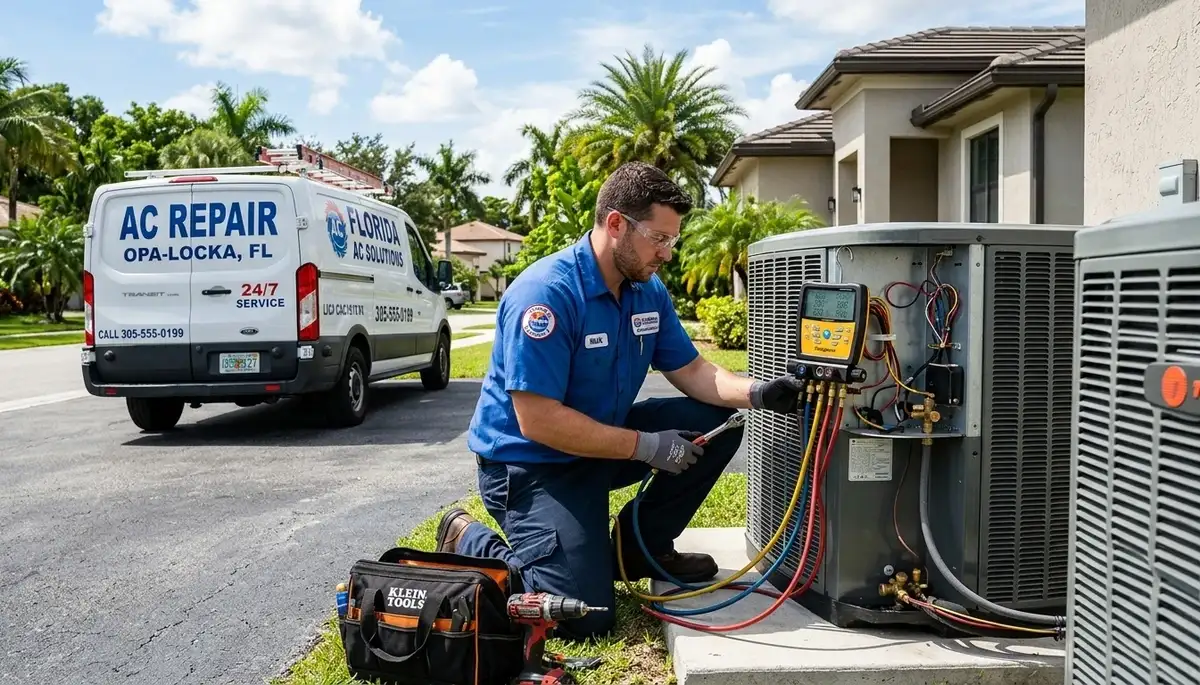 AC technician repairing residential air conditioner unit in Miami FL for ACMiamiFL.com service page