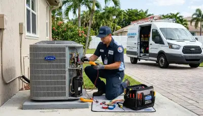 HVAC technician performing residential AC repair service in Miami, FL for acmiamifl.com