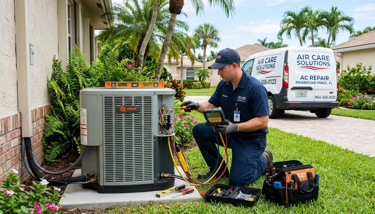 Professional AC repair technician servicing air conditioner unit in Miami, FL