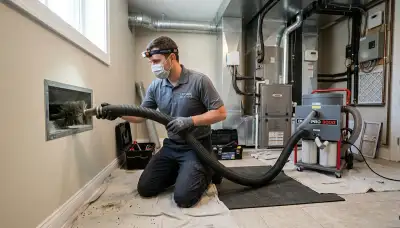 Technician cleaning air ducts in Miami FL home for Five Star Cooling professional AC repair service