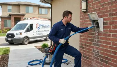 Technician cleaning dryer vent for improved airflow and safety in Miami FL home