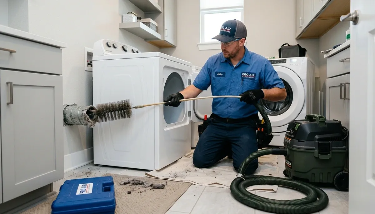 Technician cleaning dryer vent for improved airflow and safety in Miami FL home