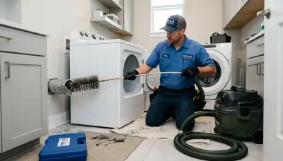 Technician cleaning dryer vent for improved airflow and safety in Miami FL home