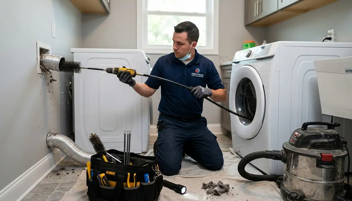 Technician cleaning dryer vent for improved airflow and safety in Miami, FL home