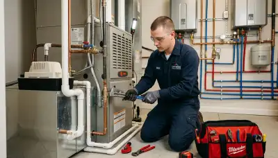 Technician repairing residential AC unit in Miami FL for Five Star Cooling plumbing and HVAC service