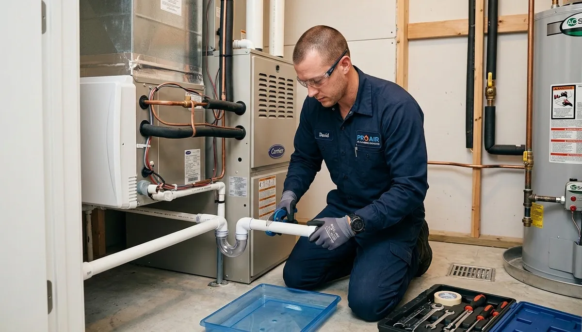 Technician fixing air conditioning unit during plumbing service in Miami FL home