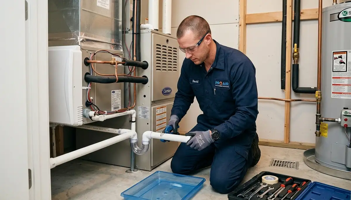 Technician fixing air conditioning unit during plumbing service in Miami FL home