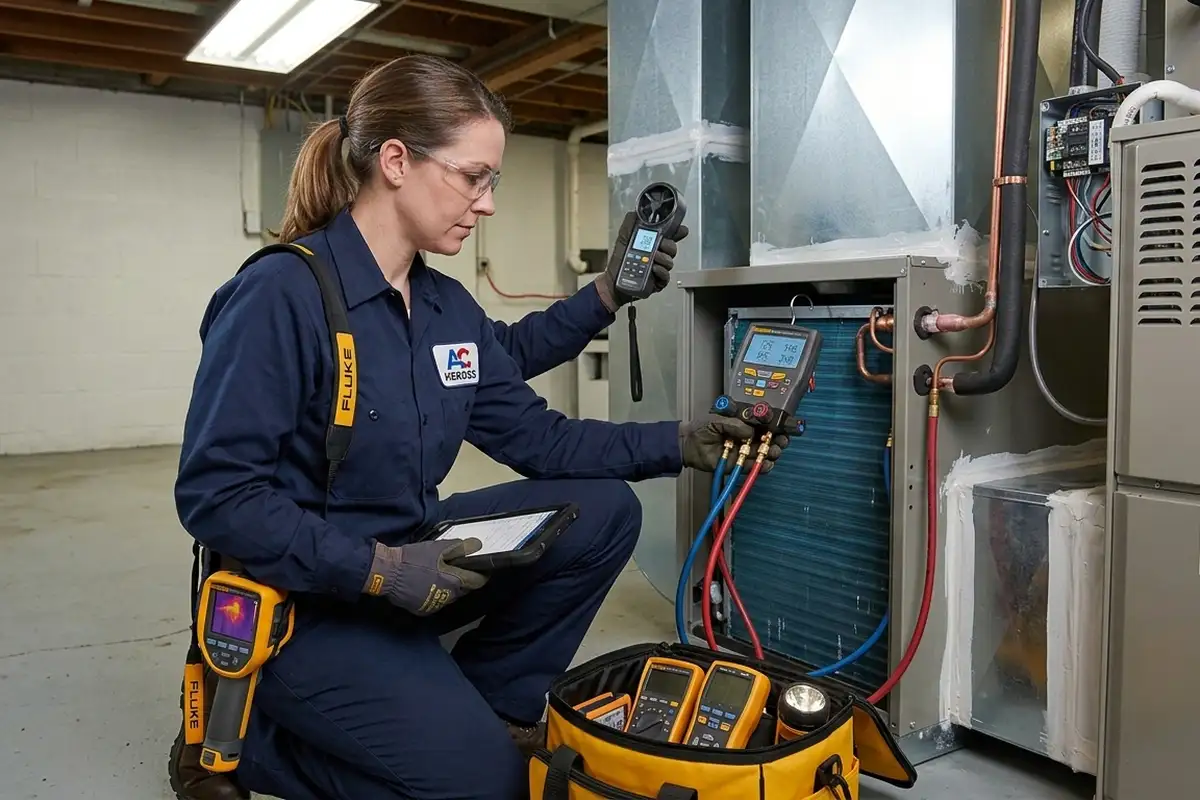 Technician testing repaired AC system performance during quality inspection in Miami, FL