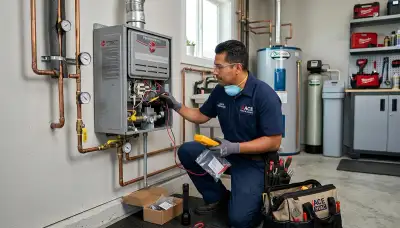 Technician repairing residential water heater in Miami FL for Five Star Cooling services