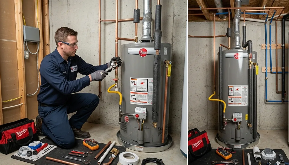 Technician repairing residential water heater in Miami, FL for Five Star Cooling service page