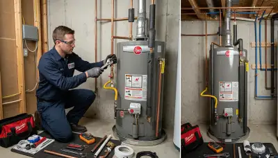 Technician repairing residential water heater in Miami, FL for Five Star Cooling service page