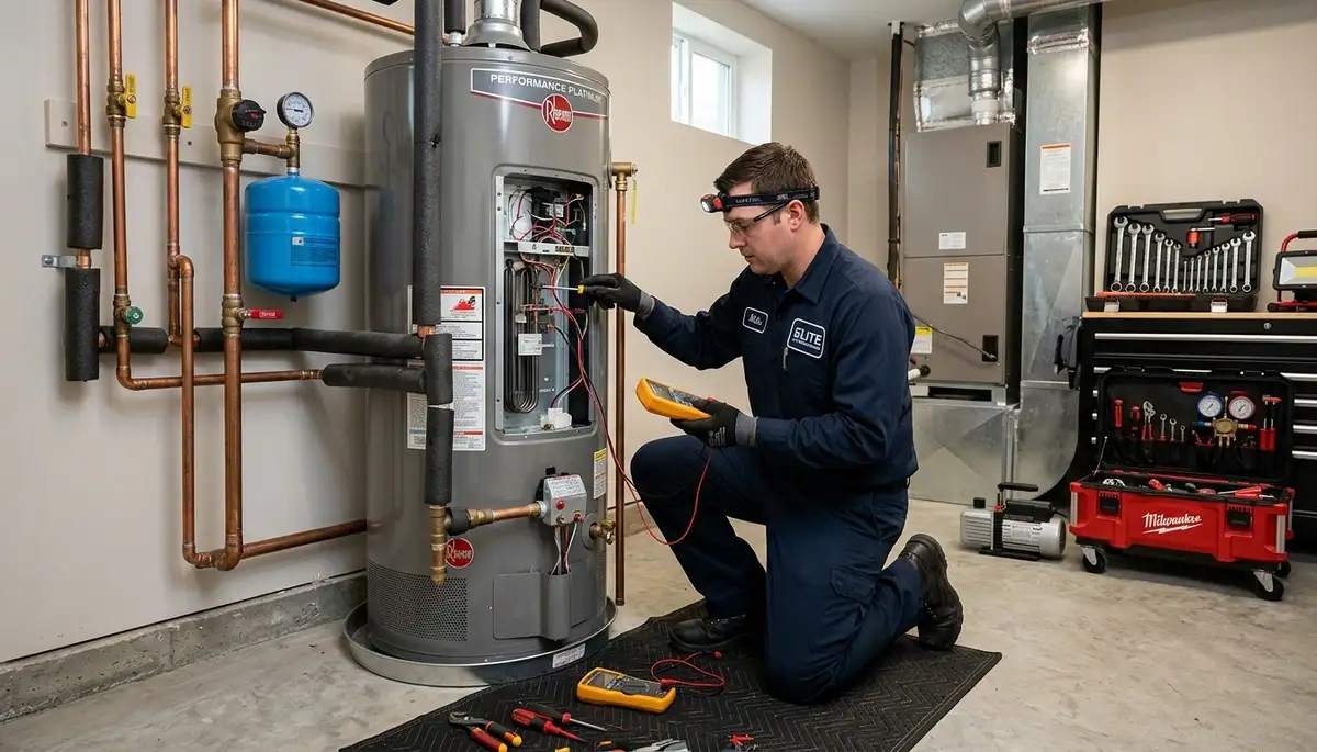 Technician performing water heater repair in Miami FL home | Five Star Cooling expert service