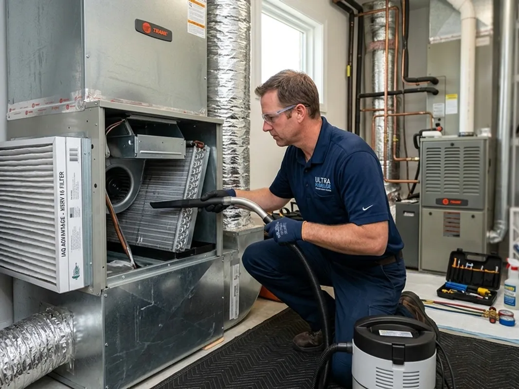 HVAC technician cleaning an exposed ceiling air duct with professional duct-cleaning equipment